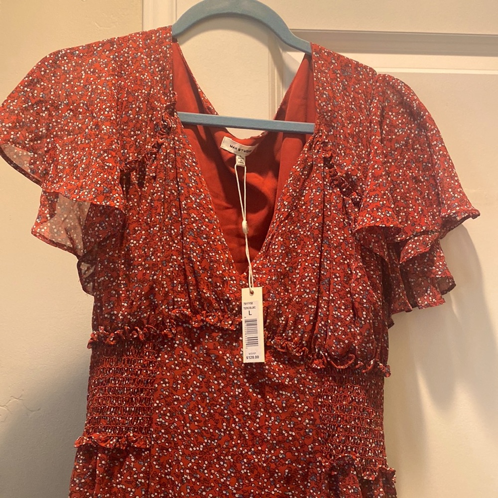 Max Studio Floral Flutter Boho Prairie Surplice Dress L New